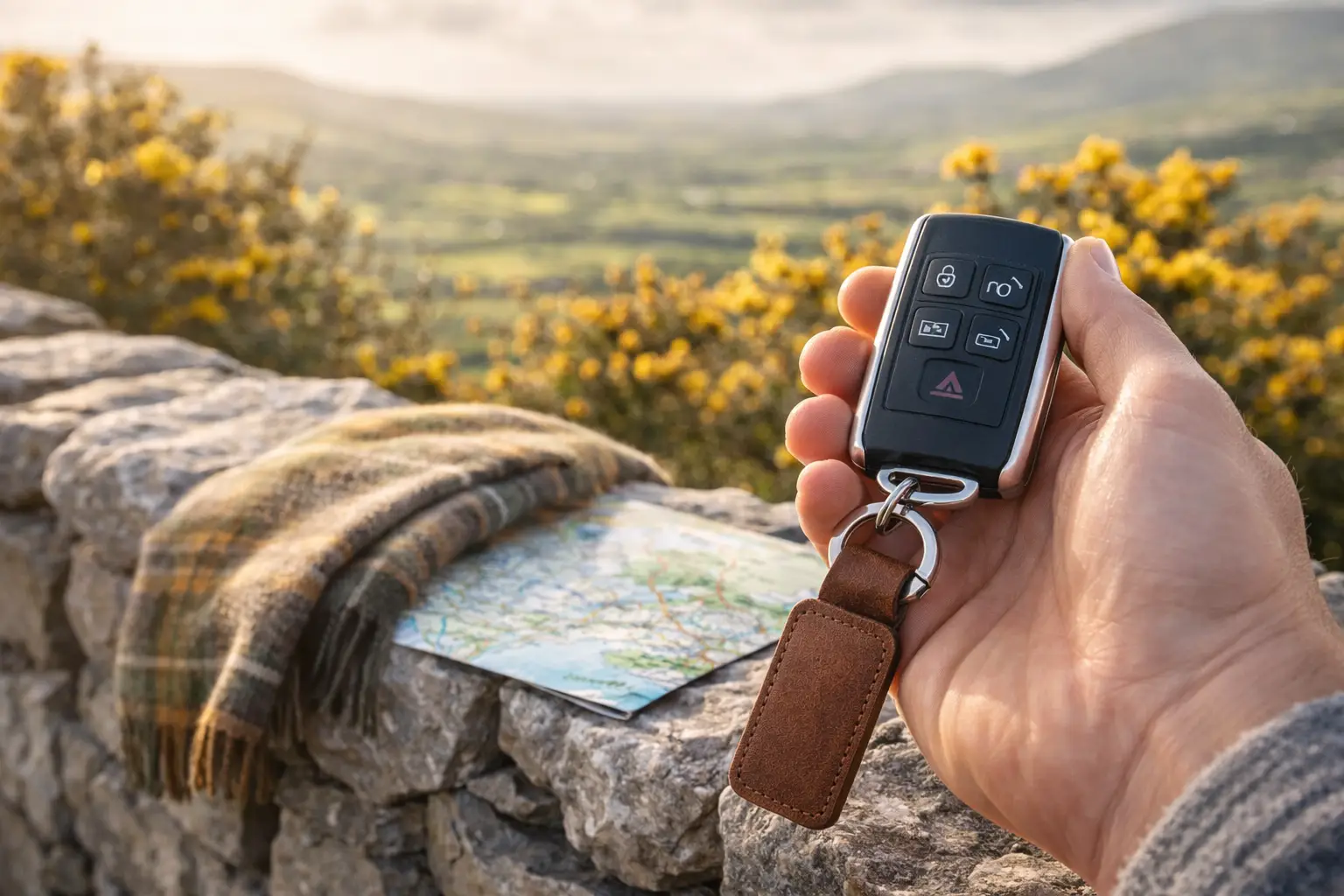 Schlüssel und Reiseutensilien für den Mietwagenstart